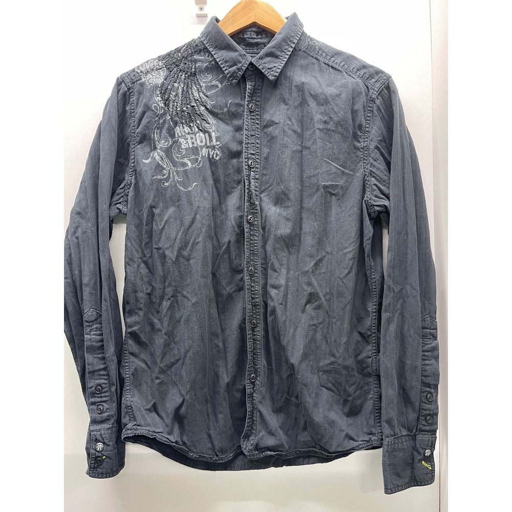 DKNY VTG Y2K 00"s  Medium Black Rock & Roll NYC Distressed Graphic Button Down